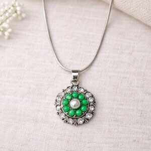 Silver Rhinestone Interchangeable Snap Charm Necklace Green Pearl